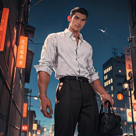 <lora:KKThanathorn_V1:1> solo male ,Thanathorn , tall guy 40yo ,black hair  , portait,white shirt holding orange , dynamic pose , cityscape , master piece , rim light , best quality, extremely detailed, simple solid color background