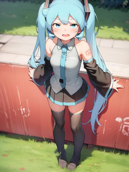 1girl, aqua eyes, aqua hair, hatsune miku, grey shirt, detached sleeves, twintails, shoulder tattoo, necktie, black thighhighs, pleated skirt,
looking at viewer, open mouth, full body, standing, outdoors
<lora:abmono4_dim_64_fro:1>