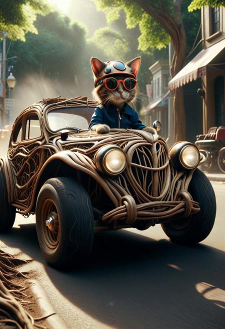 PG-TR, (made out of roots:1.3), made out of roots, full body shot, from side, cute small roots classic sports car, cat driving, wear round goggles, wear animal ears helmet, run through on roots city street, Dust, Taste the Rainbow, cinematic, cinematic lighting, (masterpiece, best quality:1.4), ultra-high res, 4k, Photorealistic, insanely detailed, sfw,