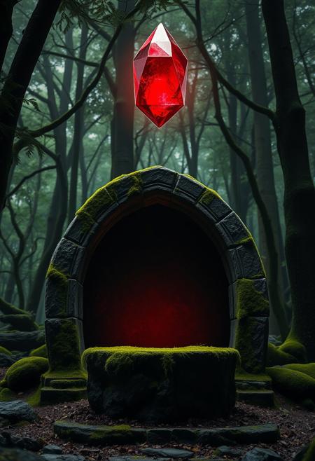 A shimmering red crystal floating above an ancient, moss-covered stone altar in a dense, enchanted forest.
