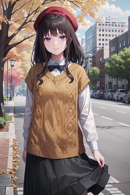 (masterpiece, best quality:1.4), looking at viewer, smile, cowboy shot, takina inoue, purple eyes, black hair, long hair, beret, sweater vest, pleated skirt, long skirt, reaching, outdoors, street, tree, cityscape, <lora:takina_inoue_v1:0.8>