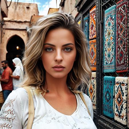 <lora:4sh13y_20XL-final:1.1>,a professional photograph of beautiful (4sh13y:1.1) woman,as a beautiful journalist,wearing a white sun dress,walking along cobblestone streets,walking through Marrakech market, surrounded by shops (selling carpets and crafts:1.3), with colorfully painted doors and metal lattice work and ornate glass windows,sunny skis cast distinct shadows,(medium closeup shot),travel magazine photoshoot,sharp focus,detailed eyes,depth of field,(highly detailed),(HDR),(8k wallpaper),colorful,vivid color,intricately detailed,high contrast,highres,absurdres,hyper realistic,8K UHD DSLR,Fujifilm XT3,majestic,taken with (Canon EOS 1Ds camera),35mm film,slightly above angle,exposure blend,extremely intricate,dramatic,(looking at viewer),4k textures,elegant,hyperdetailed,as seen in national geographic magazine