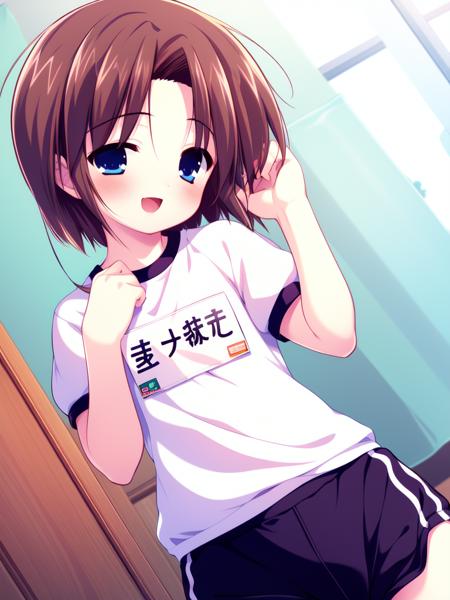 <lora:Shiki_Akimi:0.8>shikiakimi, blue eyes, brown hair, short hair, 1boy, soro, blush, smile, otoko no ko,
buruma, blush, gym uniform, smile, open mouth, name tag, child, 
masterpiece, high quality, very_high_resolution, large_filesize, full color,