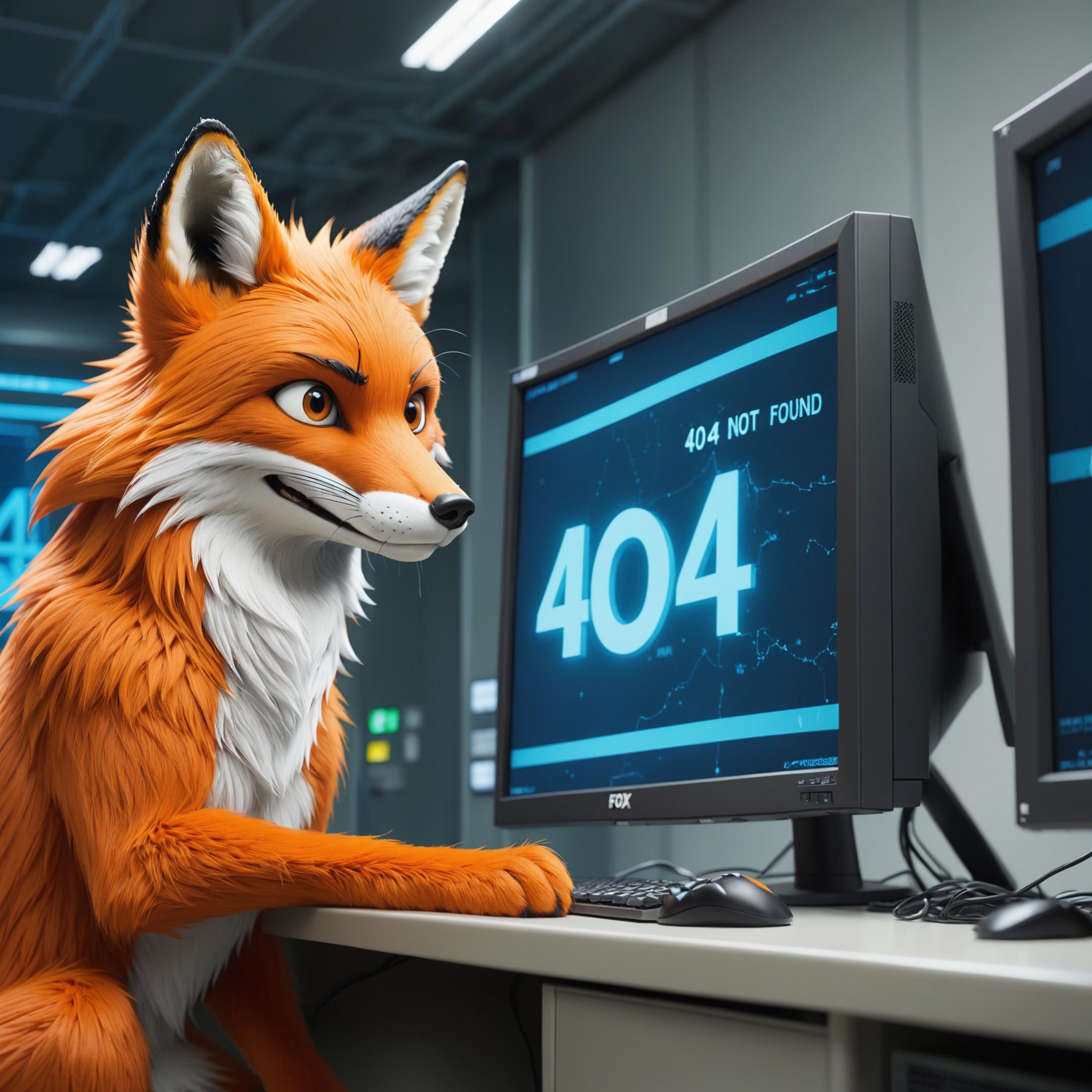 A cartoon fox looking at a computer screen with the message "404 not found".