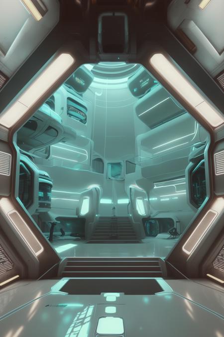 a large building with a bunch of stairs , a futuristic space station with a large window, futuristic_interior ,