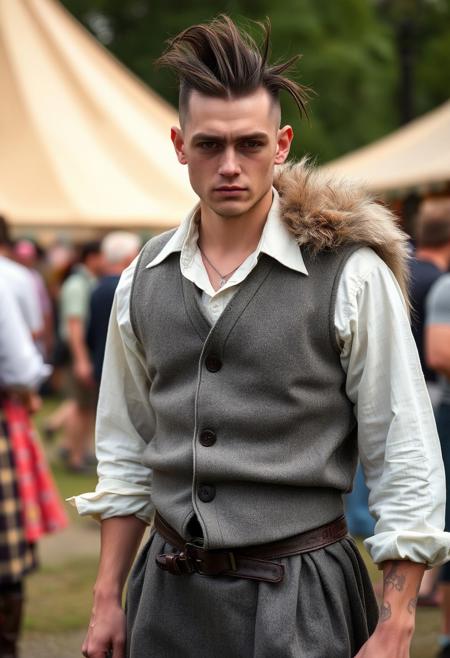 An androgynous man at a renaissance fair wearing a grey canvas kilt, wide-collared shirt, and a spotted grey vest. fur across his shoulders