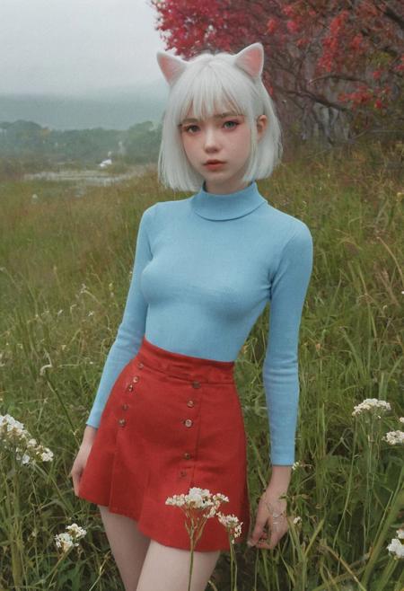 flat chest, thin arms, thin legs, cute, eyelashes, white hair, shoulder-length hair, straight hair, 1girl, 20 years old, catgirl, cat ears, cute, pale skin, blushed face, crop top, erect nipples, snub nose, grass, lake, flowers, naked, collar, pale skin, blushed face, flat chest, hair clip, panties, cameltoe, red theme, light blue theme,  digital artwork by Beksinski,