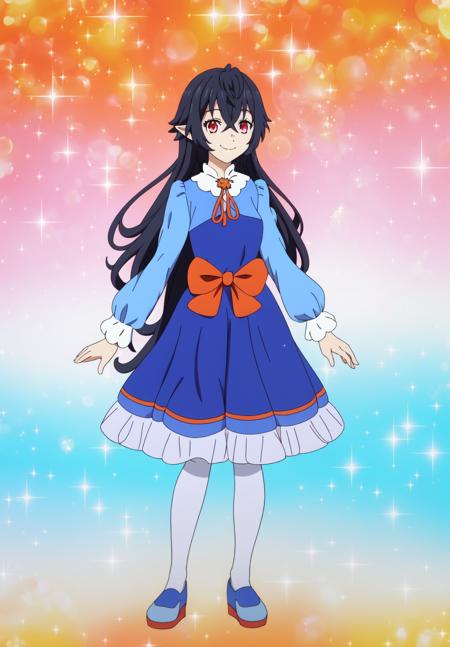 <lora:Irina_Luminesk:0.8>, Irina_Luminesk, 1girl, solo, looking at viewer, smile, black hair, long sleeves, dress, standing, pantyhose, shoes, puffy sleeves, sparkle, blue dress, white pantyhose, blue footwear, orange background