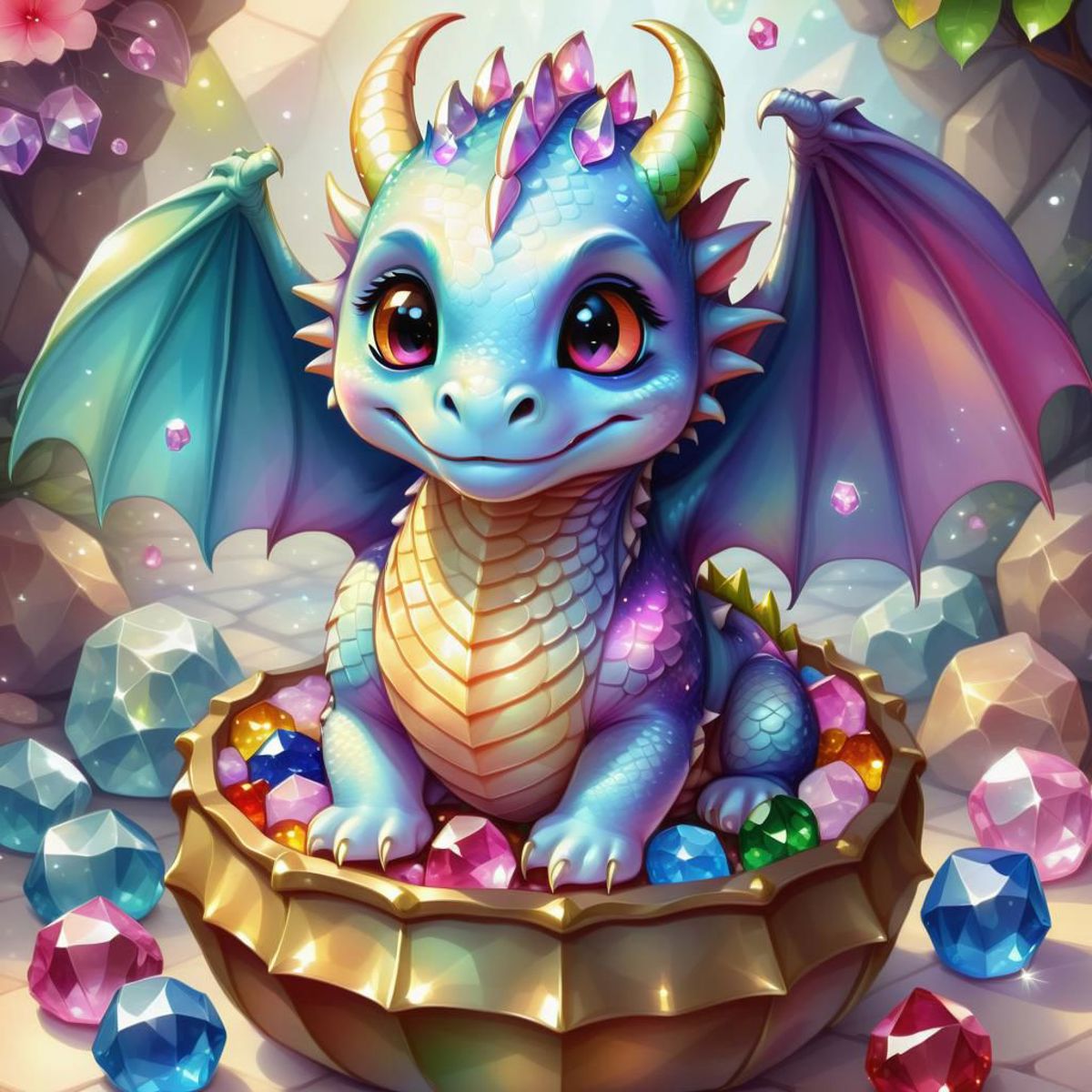 Digital Illustration of a Baby Dragon Sitting in a Basket of Gems.