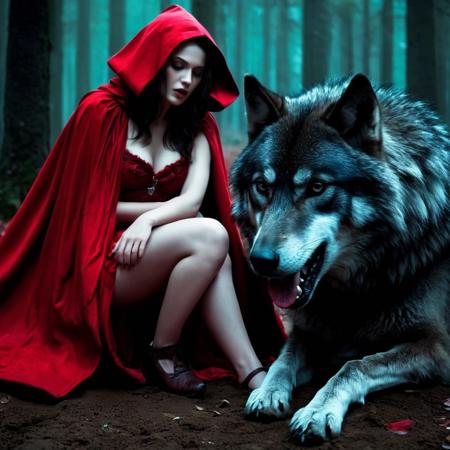 Dark Fantasy Art of  <lora:Little Red Riding Hood:1.2> Cinematic Film Scene
Little Red Riding Hood a woman in a red cloak sitting on a dead wolf, dark, moody, dark fantasy style