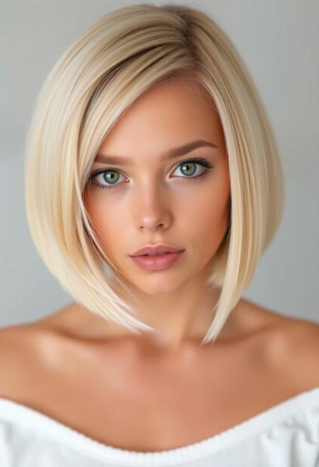 woman, blonde bobcut hair, parted half hair, green and blue eyes,