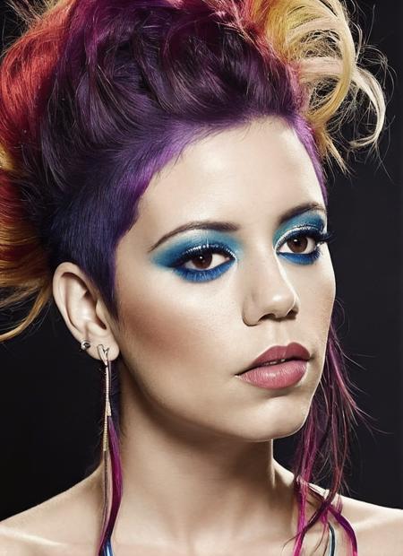 portrait of sks woman by Flora Borsi, style by Flora Borsi, bold, bright colours, rainbow Mohawk haircut, ((Flora Borsi)), <lora:locon_jennaortega_v1_from_v1_64_32:1.25>