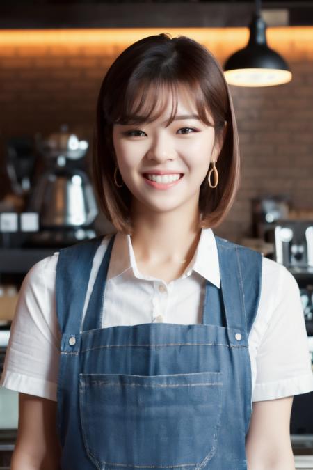 <lora:Jeongyeon_BRA:1>, (a picture of Jeongyeon, coffee shop, apron, counter, barista, smile), (detailed lighting, extremely detailed skin, extremely detailed hair, shadows, 8k), looking at viewer, (High Key Lighting), masterpiece, top quality, best quality, official art, unity 8k wallpaper, highres, ultra-high res, ultra-detailed, beautiful and aesthetic