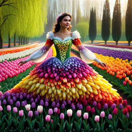 jaynl-tm, made of tulips, A graceful woman wearing a full-sleeve fairy dress intricately crafted from multicolored tulip petals, standing in the heart of a vibrant flower fantasy world. Her gown flows with layers of blooming tulips in every hue—pinks, purples, yellows, reds, and whites—each petal soft, fresh, and glistening with morning dew. The sleeves are delicately woven with smaller blossoms, wrapping her arms in a cascade of floral elegance. Her presence radiates natural beauty and enchantment, blending seamlessly into the dreamlike landscape of towering tulips, endless fields of beautiful flowers, and floating pollen sparkles. Soft sunlight filters through floral canopies, casting dancing shadows and light over her glowing form—like a living embodiment of springtime magic and floral wonder, Masterpiece level quality, soft lighting, bright lighting, sharp focus, fine details, high quality, precise, high resolution, 4k, 8k,