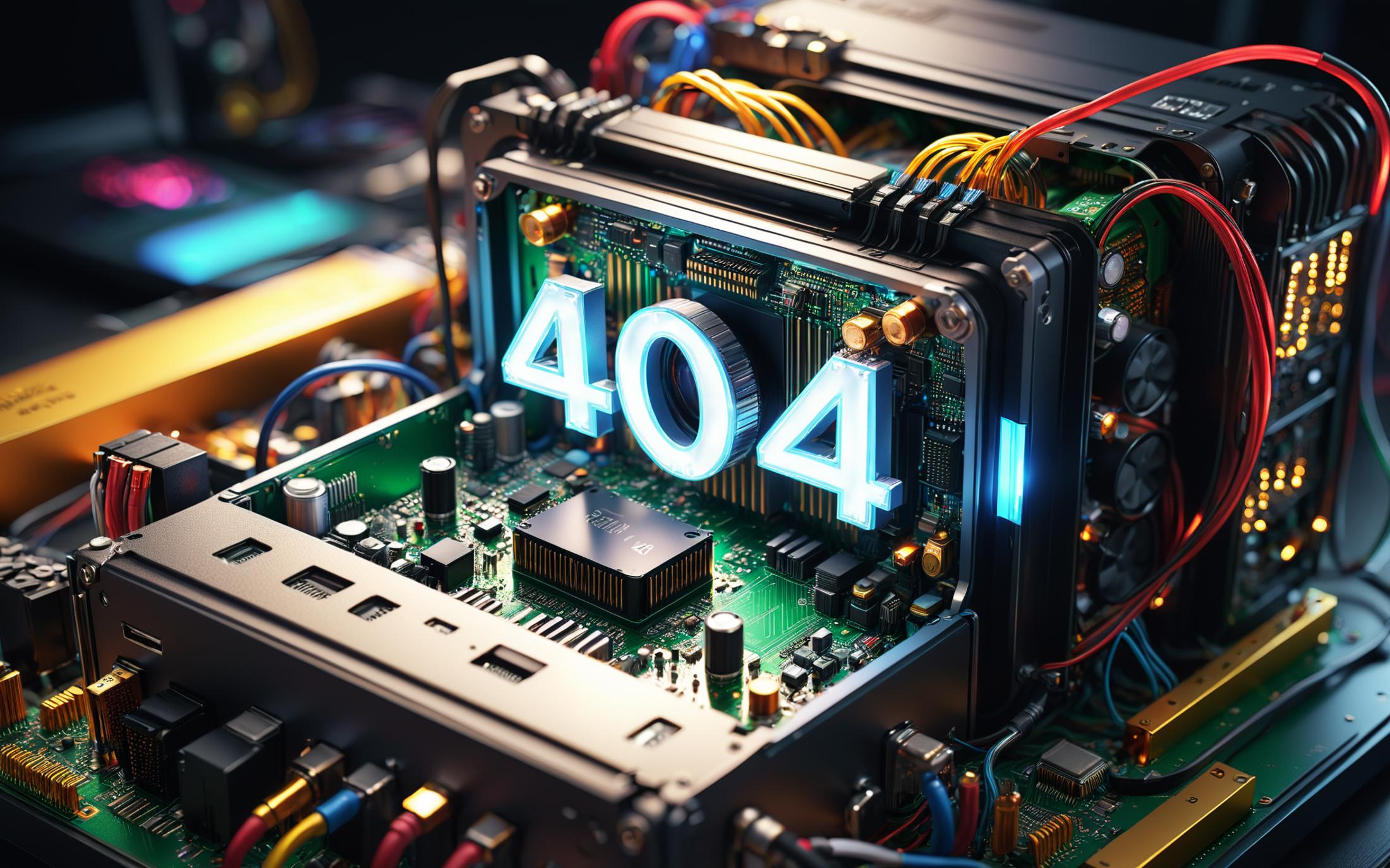 A 3D image of a computer circuit board with the numbers 404 on it, surrounded by wires.