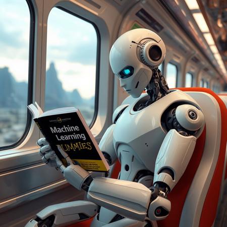 Robot humanoid sitting in futuristic train and reading a book "Machine Learning for Dummies", train is passing by futuristic landscape.