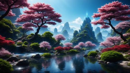 fantasy landscape, river, fantasy garden, hot summer day, sweat, dark sakura tree, sci-fi, crystals, (masterpiece:1.2), (epic composition:1.4), (talent:1.2), ultra detailed, cinematic lighting, highly detailed, insanely detailed, (photorealistic:1.2), hdr, 8k, exquisite, sharp, elegant, ambient lighting, fantasy vivid colors, high quality,