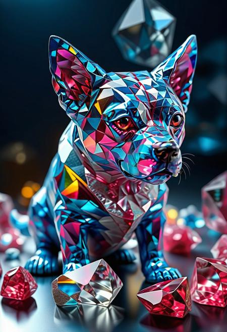Ultrarealistic. sharp focus, dynamic lighting. play of light, reflection, refraction, Raytracing, Ultra detailed. crystalized. A blue dog made of rp_slgd.