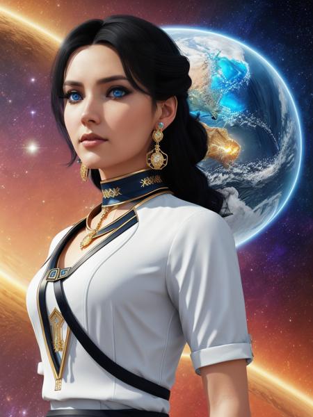 woman,black hair,blue eyes,white blouse,<lora:elizabethbioshock:0.6>, space graphics,<earrings, fantasy art, concept art, beautiful, detailed,8k, highly detailed, golden ratio