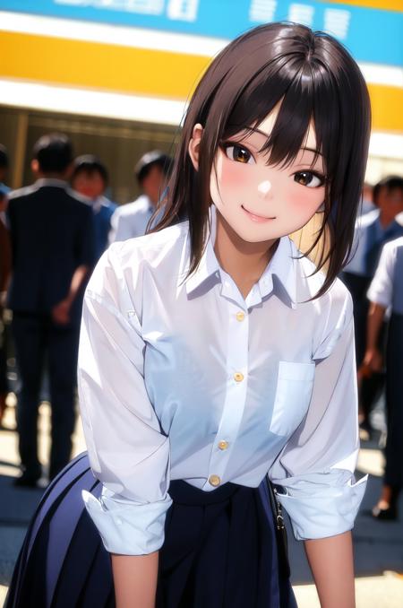 masterpiece, best quality, ultra-detailed, illustration,
SB, shirt, skirt, solo focus, white shirt, 1girl, school uniform, black hair, collared shirt, smile, 
 <lora:sukebra_V2-000008:1>