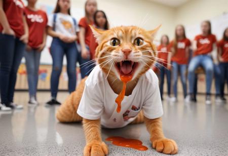 In the classroom, an anthropomorphic little orange cat wearing a white T-shirt and jeans has red liquid flowing from its nose and dripping on the ground. In the background, the students look at it in surprise. Surreal photography style and ultra-real details.
