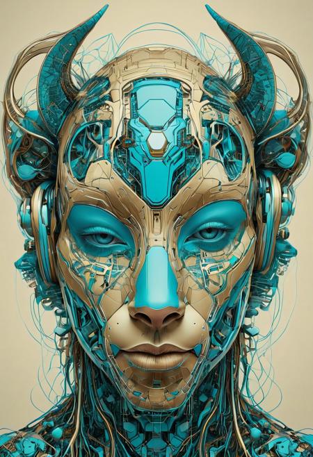 This abstract head, featuring animal-like characteristics, is inspired by the futuristic cyberpunk style of renowned artists such as James Jean, Jeff Danziger, and Aykut Aydogdu. The unique design showcases a harmonious balance of symmetrical structure, while incorporating light brown and cyan hues. The highly detailed illustrations exude a sense of technological advancement characteristic of the cyberpunk genre, creating a striking and thought-provoking piece.