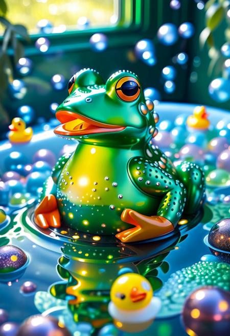 gigantic frog made of green l1qu1dp34rl and shiny tin, sitting in a bubble bath full of tiny rubber duck planets, surreal whimsy, soft glow fantasy