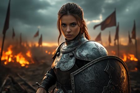 a photorealistic, horizontal movie poster featuring a female knight. Face: focused, intense gaze. Eyes: steel gray, sharp. Hair: tied back, auburn. Armor: silver plate, engraved. Pose: standing tall, shield raised. Weapon: sword, resting on shoulder. Shield: strapped to left arm. Background: burning battlefield, smoldering ruins. Sky: dark clouds, lightning flashes. Lighting: dramatic, backlit by fire. Surroundings: broken weapons, fallen flags. Atmosphere: tense, chaotic. Expression: determined, fearless. Silhouette: strong, commanding. Sword: angled across body. Emotion: defiance, resolve.  <lora:FluxDFaeTasticDetails><lora:flux-hand v1><lora:PerfectEyesXL><lora:aidmaMJ6.1-FLUX-V0.1>