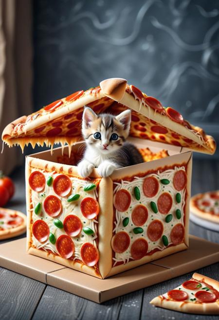 pizzasdx, Gift box made of pizza, Kitten inside, cozy interior background blurred, cute style, realistic, photography, high quality