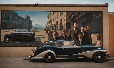 a car parked in front of a wall with a painting of two men and a woman on it in gta 5


, 8k 