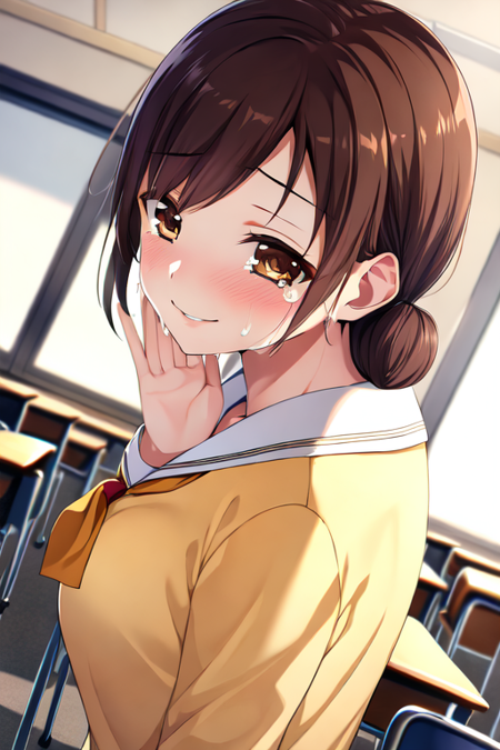 (masterpiece), (best quality:1.4, high quality:1.4), highres, classroom, 1girl, solo, standing, upper body, looking at viewer, brown eyes, smile, crying, tears, brown hair, school uniform, yellow shirt, long sleeves, SeikoCP