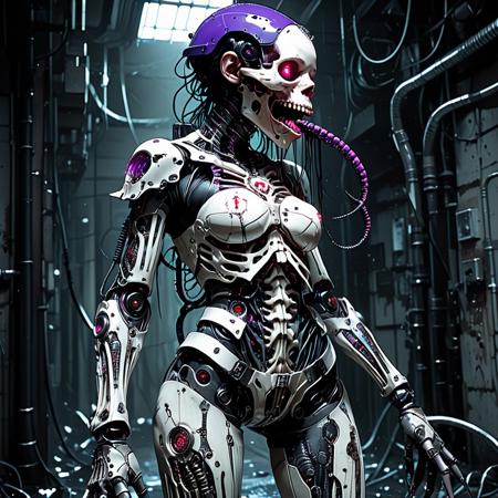 In a neon-drenched cyberpunk alley choked with mist and decay, a biomechanical enforcer emerges, an unholy fusion of flesh, metal, and parasitic design. Her digitigrade legs, armored in fused bone-steel plating, click against the slick pavement. Her abdomen is hollowed out, revealing a cradled, bio-engineered heart suspended by parasitic tendrils that pulse with a sickly bioluminescence. Medical restraints bind her twisted vertebrae in place, forcing a hunched, predatory stance. Visible musculature wraps around redundant joints, stitched and bruised, slick with dripping fluids. Her stitched mouth stretches beneath a fractured helmet made of interlocking, fang-like metal shards, some still oozing synthetic saliva.
Her head spills out writhing cables in place of hair, black and white cords alive with twitching energy. Bladed tentacles arc from her spine like scorpion limbs, tipped with dripping injectors and exposed wiring. Her LED eyes burn violet through the dark, flickering like warning signals. A bifurcated tongue flickers out briefly as she scans the shadows. The entire form is an exquisite horror, flesh-metal fusion animated by pain and purpose. Captured mid-motion, her body ripples with restrained violence, cables and limbs lashing out like a biomechanical storm