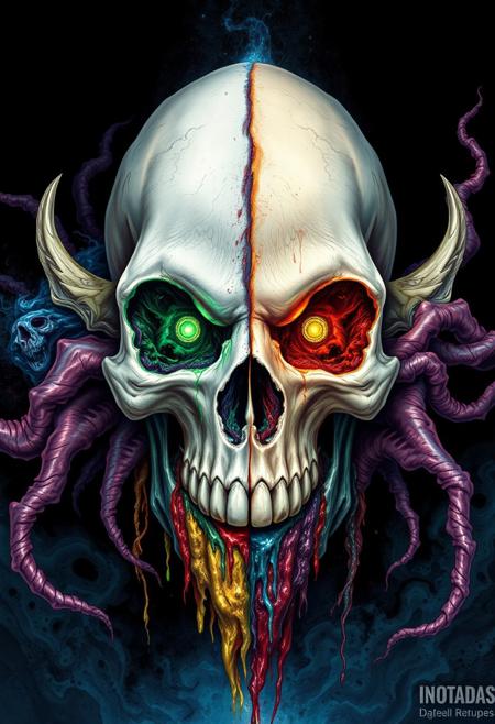 split skull, surreal art, half white bone, half decaying colorful flesh, psychedelic colors, dark background, horror and beauty, glowing eyes, cosmic tendrils, melting textures, duality of life and death, surreal horror illustration, intricate details, vivid contrasts, fantasy art, science fiction, hyper-detailed characters, dynamic compositions, dramatic lighting, powerful figures, warriors, sorcerers, mythical creatures, high realism, vibrant colors, intricate textures, atmospheric effects, energy, epic storytelling.