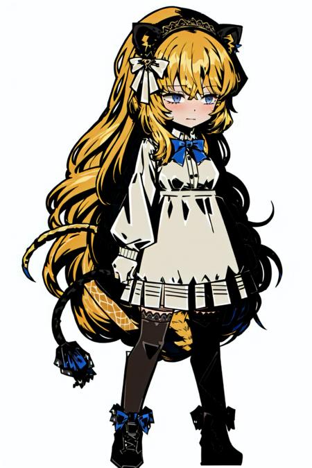 <lora:LimbusCompany-fight:1>, 1girl, solo, animal ears, tail, thighhighs, long hair, blonde hair, lion ears, bow, dress, full body, virtual youtuber, white thighhighs, lion tail, lion girl, white background, looking at viewer, straight-on, simple background, blue bow, hairband, bowtie, grey eyes, long sleeves, bangs, zettai ryouiki, standing, blush, blue bowtie, white dress, closed mouth, animal ear fluff, arms at sides, black footwear, shoes, tail ornament, frills