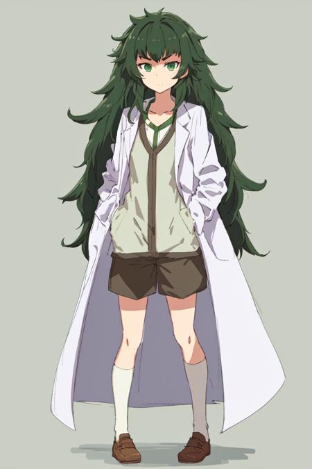 best quality, masterpiece, 1girl, solo, maho, messy hair, bangs, dark green hair, green eyes, full body, labcoat, shorts