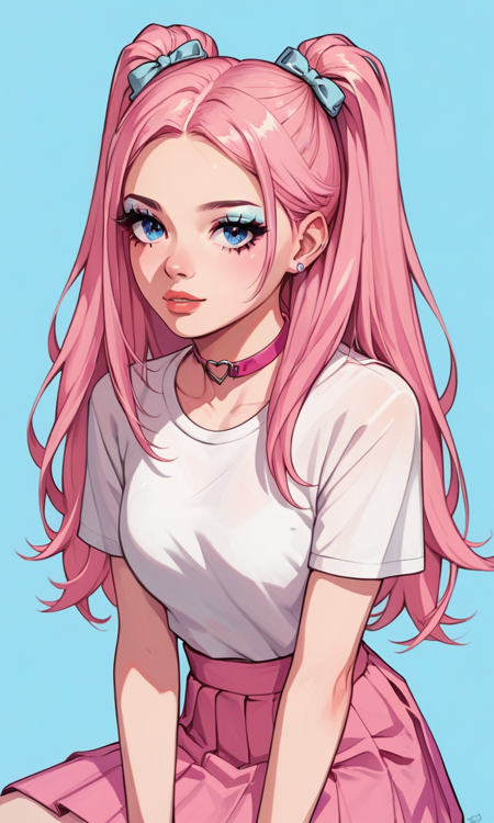 1girl, pink hair, long hair, twintails, blue eyes, makeup, pink choker, white T-shirt, short sleeves, pink skirt, white knee socks