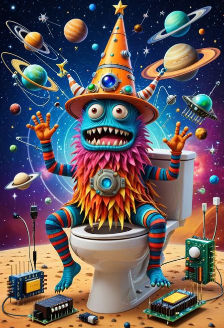 score_9, score_8_up, score_7_up, score_6_up,
super colorful, highly detailed, funny monster, funny, silly hat, detailed background, space craft, space ship, extravagant background,  sitting on, galaxy toilet, colorful, star (sky), planets, Transistors, futuristic, cimputers,