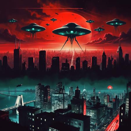 Alien ships hovering over cityscape at night, panicked individuals running on the foreground, red color palette with high contrast, dramatic lighting direction with low intensity and horror quality, asymmetrical off-balance composition and depth of field, distorted perspective and scale emphasizing the overwhelming power of the ships, rough texture and high level of detail, cropped framing centering on the chaos and framed with glitches and pixels, with visual hierarchy honoring the theme of the work, inspired by the Sci-Fi films from the 1950s like War of the Worlds and Invasion of the Body Snatchers but with a touch of horror