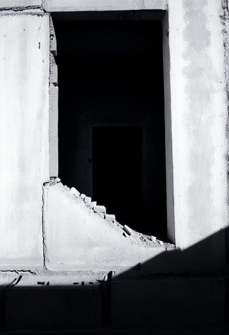 detailxl, 80sc1nemat1c5tyle, creamy bokeh, black and white, colorless, monochrome, BREAK, hole in the wall, darkness, dark, bricks, rubble