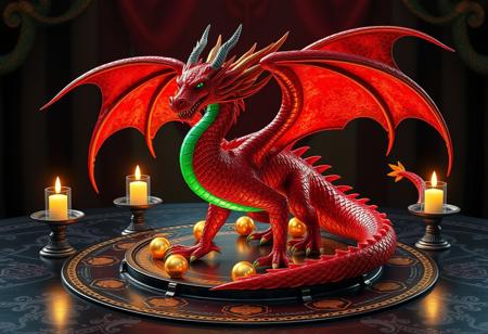 Create a highly detailed, 8K, cinematic image of a scarlet emerald dragon on a table, inspired by Ken Sugimori and Edward P. Beard's Dungeons and Dragon style, with golden orbs and a criminal mugshot aesthetic, as if taken from an Ebay listing thumbnail. The dragon should be standing triumphantly and proudly in a Dark Dragon Ritual summoning circle, with a 1:1:1:1 ratio, golden ratio, and hyper-realistic details reminiscent of Alphonse Mucha's and Artgerm's art styles. Incorporate luxurious, ornate, and dramatic elements with top lighting, HDR, and an Unreal Engine 5 render.