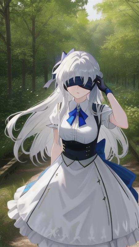 STRIPS OF CLOTH, COVERING THE EYES,
COVER EYES WITH RIBBON, <lora:cover_eyes_2:0.4>,((not blindfold,))blue transparent clothes, white  transparent skirt,white long hair,forest, 
artbook, game_cg, realistic, photo, real,
, masterpiece, best quality,