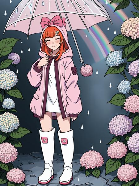 (masterpiece, best quality:1.1), 1girl, flat chest, Ichihara Nina, animal costume, orange eyes, <lora:u149-v4.0:0.85>, happy, orange hair, outdoors, running, closed eyes, holding hat, animal hood, rainbow,raincoat,rubber boots,hydrangea,flower,boots,blush,hair ornament,teruterubouzu,very long hair,hood up,long sleeves,full body,footwear,pink flower,standing,leaf,food-themed hair ornament,hair bow,hair flower,rain