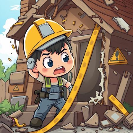 a chibi construction worker working frantically to fix a house that is falling apart, duct tape, caution signs, highly detailed,