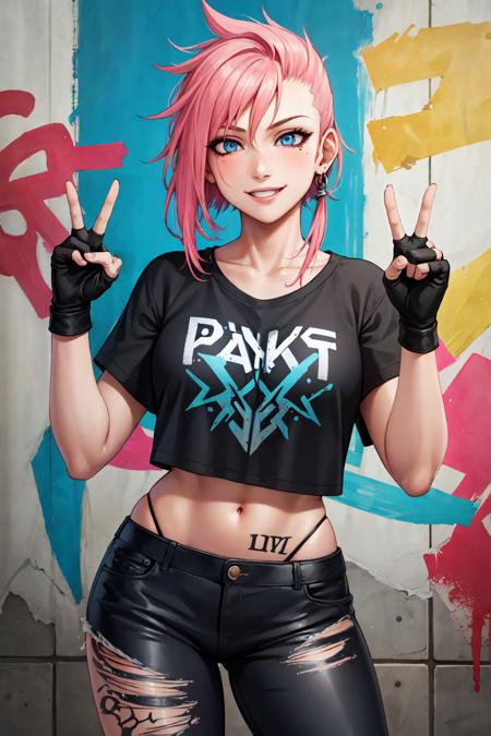 (masterpiece:1.2), (best quality:1.2), perfect eyes, perfect face, volumetric lighting, 1girl, young woman, punk, mohawk, shredded clothes, tattoos, smiling, paint, graffiti, urban setting, pink hair, blue eyes, fingerless gloves, t-shirt, leather pants, detailed alley background