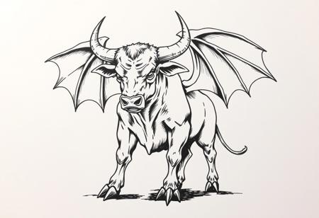fantasy, ink art, comic style art, bull is standing with four feet, feet has 3 claws, bat wings