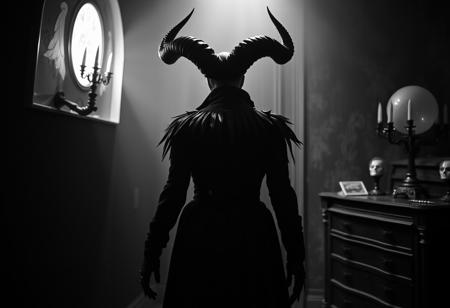 The Demon, in my upper room,
This morning came to see me, Alexander Mcqueen fashion costume, studio photography style, top hard light, black and white vintage photography, gothic, doom, mysterious, dark environment, grunge