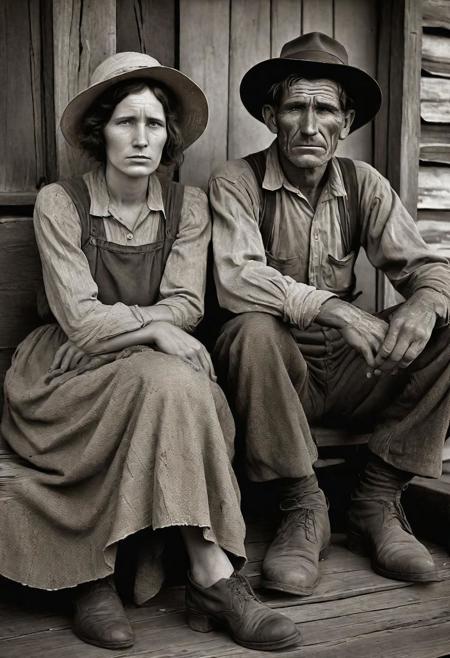 Ethereal photograph in the style of Dorothea Lange.  Depression era couple in dusty clothes sitting on a deteriorating old country porch
