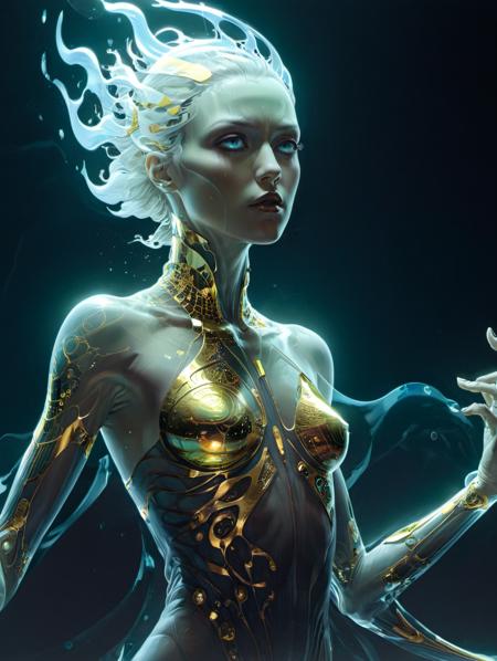 by Moebius and Tomer Hanuka,transparent woman made out ofglass and gold, biogenetic, otherworldly, bizarre, advanced, extraterrestrial, cinematic still wide angle, action shot,extra bold lines,painting, wide careless strokes, rough brush,concept art ,overlaps ,detailed face,poster, geof darrow,hyper detailed, vibrant, bioluminescent liquid dot the terrain, casting an eerie glow in the darkness, bold lines, expressive drawing, hyper detailed, award winning on artstation.com, (intricate details, masterpiece, best quality:1.4), <lora:xl_more_art-full_v1:0.75> <lora:!action-sdxl-V0.5:1> in a zdyna_pose, dutch angle, from below, low camera angle actions scene, foreshortening,
very detailed, RAW photograph, masterpiece, best quality, official art, atmospheric lighting, cinematic composition, complex multiple subjects, vibrant, Leica Q2 with Summilux 35mm f/1.2 ASPH, Ultra High Resolution, dramatic angle, epic, hyperrealistic,
<lora:Low-key lighting Style:1> low-key lighting style,
 <lora:add-detail-xl:1.1> misc, 
<lora:mentixis:1> mentixis, metix, white