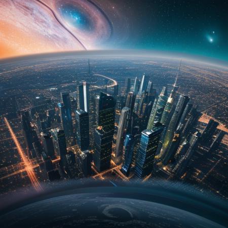 A detailed astronomical image of a city built on the surface of a distant planet. Skyscrapers reach towards colorful rings, showing the planet ark,  Style: Sci-fi, futuristic, detailed.