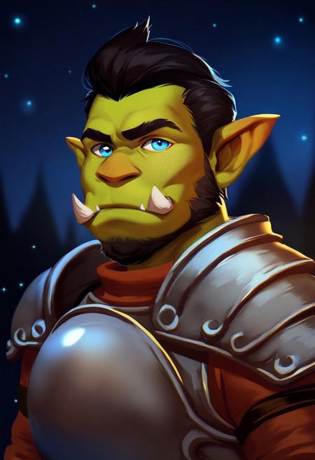 JDStyle,
, score_9, score_8_up, score_7_up, rating_safe, 1boy, solo, male focus, mature male, orc, green skin, tusks, blue eyes, short hair, black hair, facial hair, beard, mustache, looking at viewer, armor, shoulder armor, breastplate, pauldrons, upper body, closed mouth, standing, outdoors, night, night sky, dark background